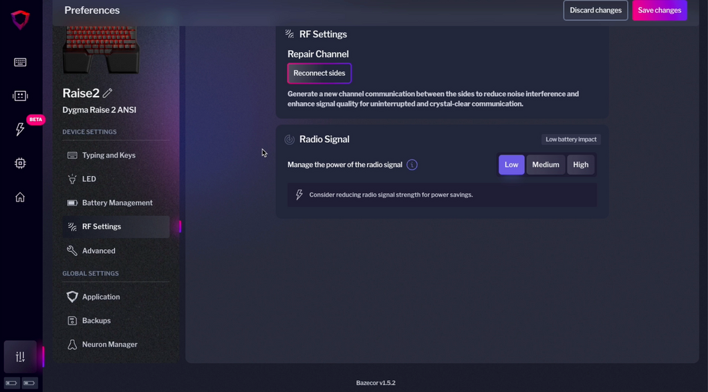 RF settings bazecor